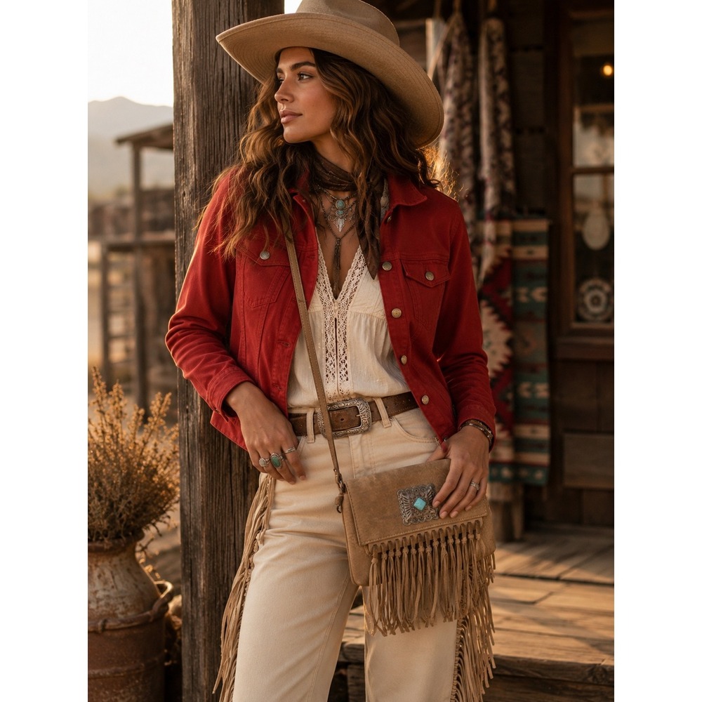 Wrangler Turquoise Stone‎ Concho Fringe Crossbody Leather